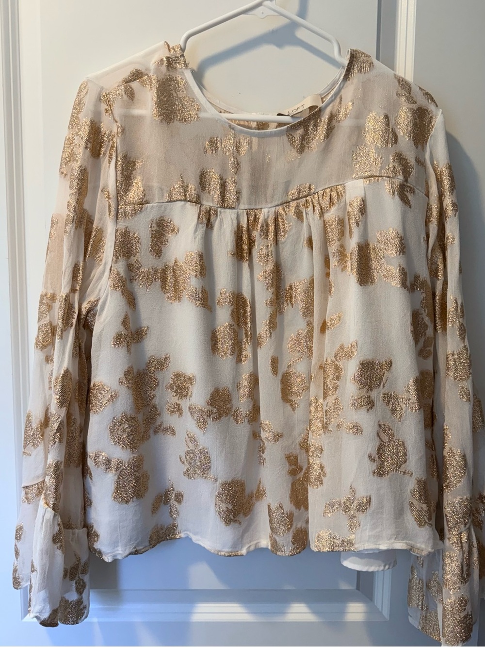 LOFT Cream Sheer Blouse with Gold Metallic Floral
